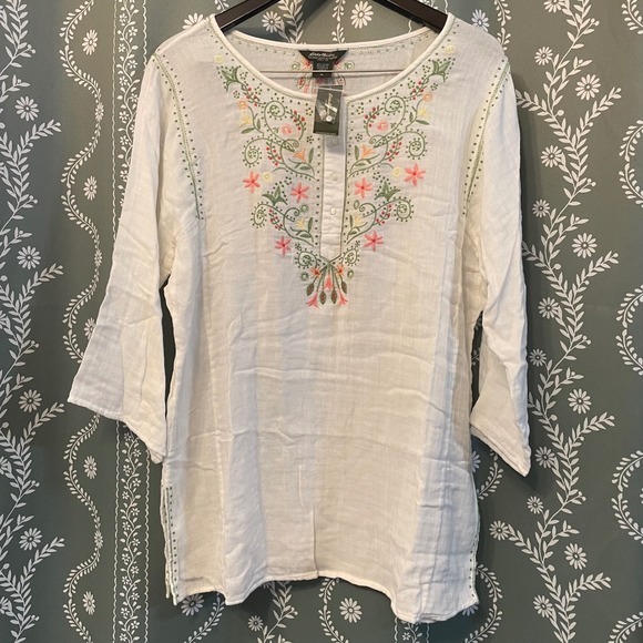 Eddie Bauer Tops - NEW‎ Eddie Bauer Embroidered Gauze Tunic Top White Coastal Boho Cottage Lagen XL